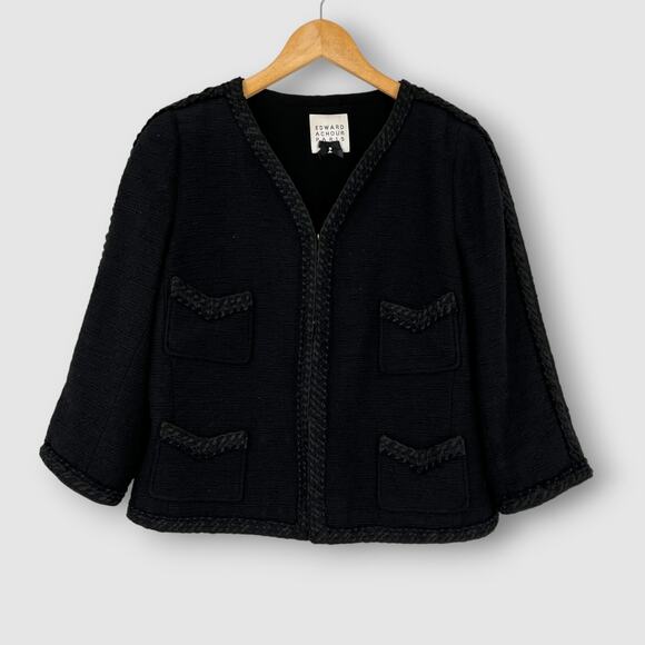 Edward Achour Paris Black Tweed Cropped Parisian Blazer Size 46 - Picture 1 of 8